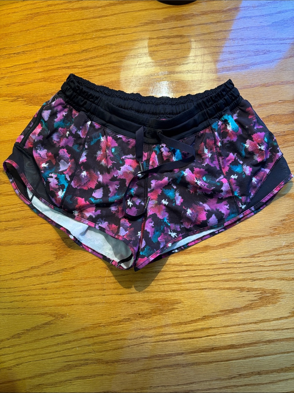 lululemon athletica Black Athletic Shorts with Pink & Teal Floral Print
